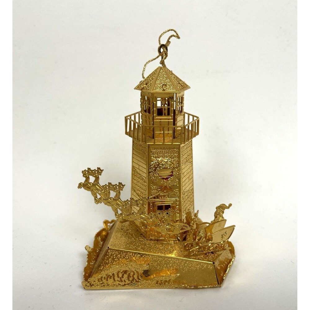 Danbury Mint 1998 Gold Plated Christmas Ornament North Pole Lighthouse Santa
